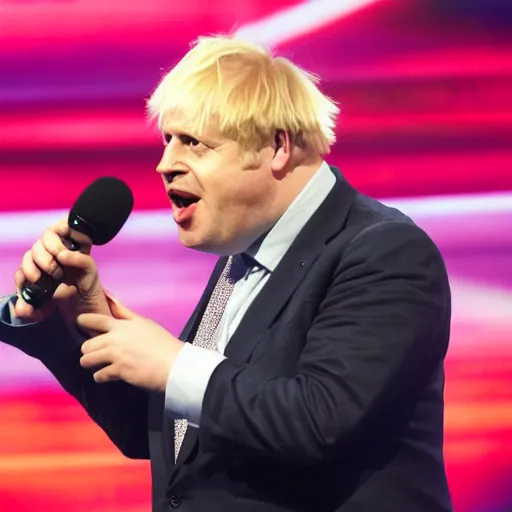 Image similar to boris johnson singing with a microphone on americas got talent, tomatoes and anchors being thrown at him, 4 k photograph