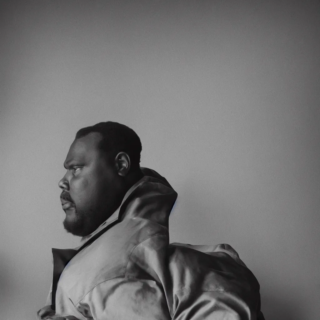 Image similar to one Large black man sitting on chair in front of background made of large folding silky curtains, dark, 8K photo realistic, black and white color, dimly lit, top light, dark