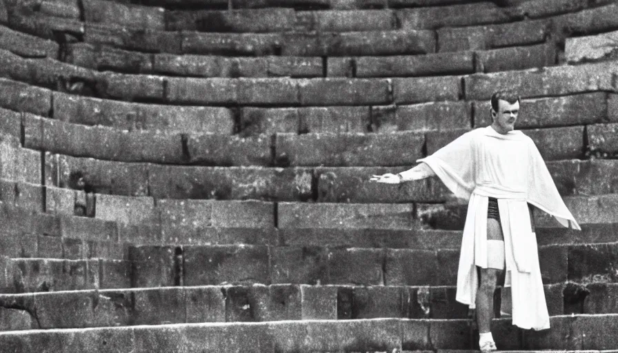 Image similar to 1 9 6 0 s movie still close - up of caligula in a white toga stabbed to death on ancient amphitheater's stairs, cinestill 8 0 0 t 3 5 mm, high quality, heavy grain, high detail, dramatic light, anamorphic, blood