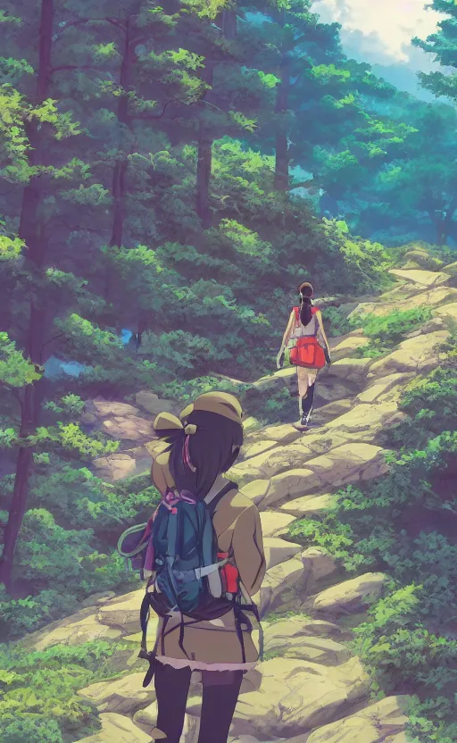 Prompt: an anime girl in the foreground hiking the Appalachian Trail alone, exaggerated three point perspective, beautiful anime scene, trending digital art, 4k ultra