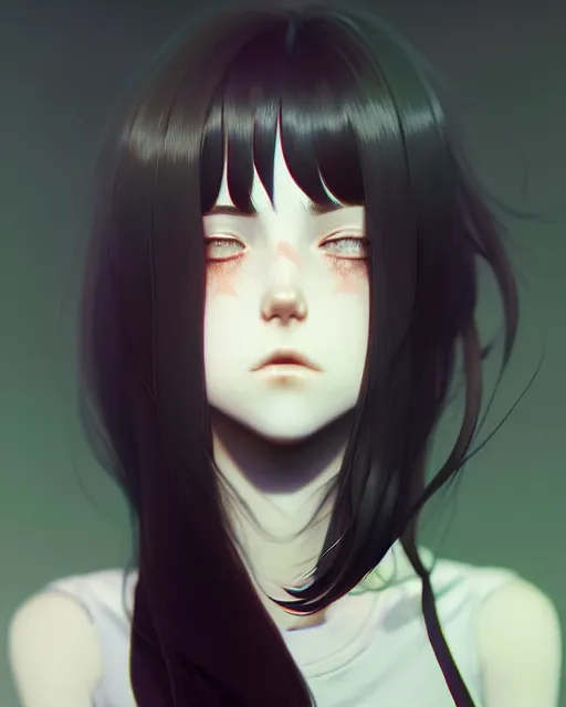 Image similar to full very close up neck shot of a beautiful loner girl, in tshirt with her hair covering eyes, demented, irish, by saruei and guweiz and ilya kuvshinov and range murata, digital art, highly detailed, intricate, sharp focus, trending on artstation hq, deviantart, pinterest, unreal engine 5, 4 k uhd image