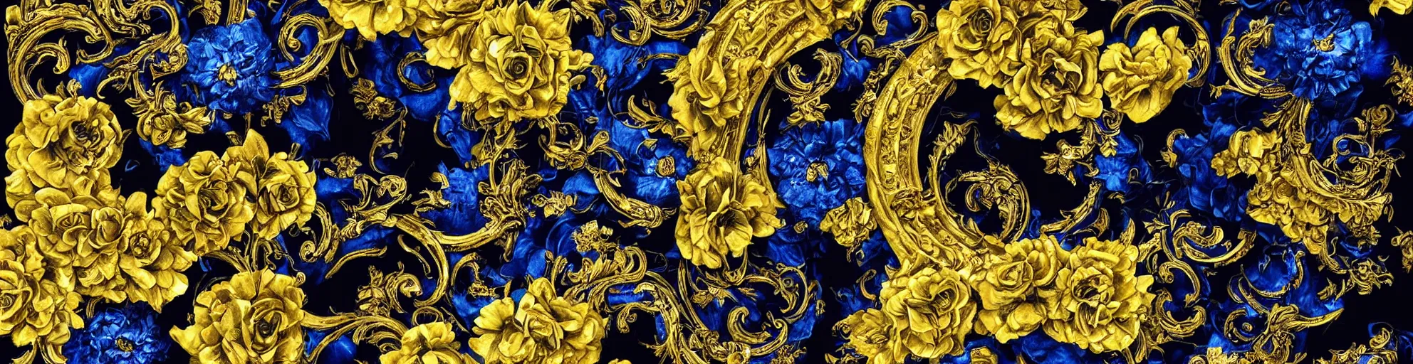 Image similar to black blue yellow porsche 9 1 1, complicated gold and blue flowers the baroque style decoration, dark fantasy, intricate, elegant, highly detailed, digital painting, artstation, concept art, matte, 3 d 8 k octane rendered, sharp focus, illustration, octane rendered, art by artgerm