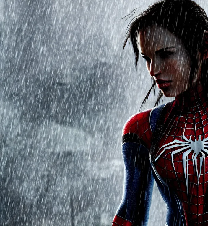 Prompt: cinematic of lara croft as spiderman, dramatic rain, 8 k, moody lighting