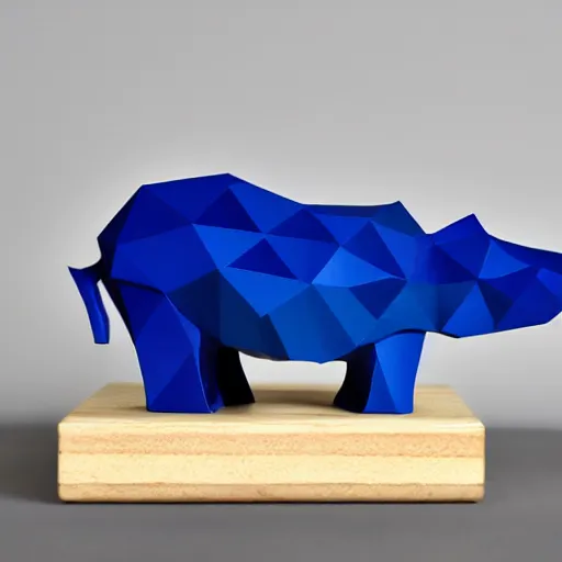 Image similar to a beautiful minimalist curvy shaped small sculpture of hippopotamus!!!, ( ( wood ) ) and ( ( blue epoxy ) ) on top mix, cubic blocks stripes cuts, side view profile centered, studio, design