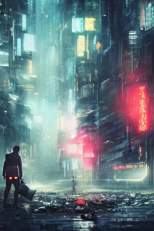 Image similar to an abstract person, vomiting electric waste and trash, blade runner, cyberpunk, lost city, hyper-realistic environment, Epic concept art