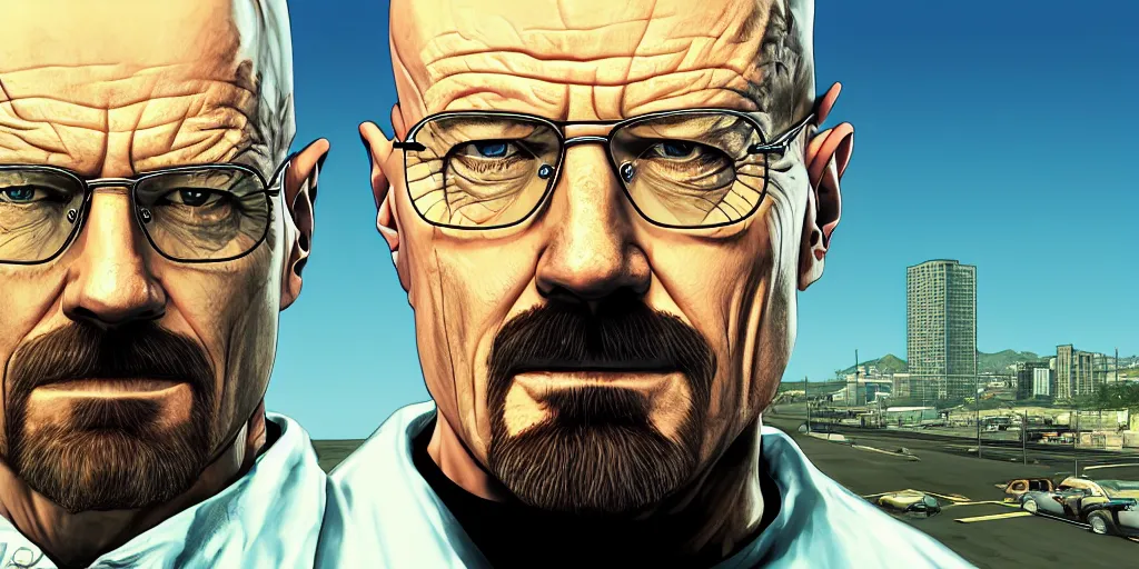 Prompt: Walter White from Breaking Bad in GTA V, Cover Art by Stephen Bliss, Boxart, Loading Screen. 8k Resolution