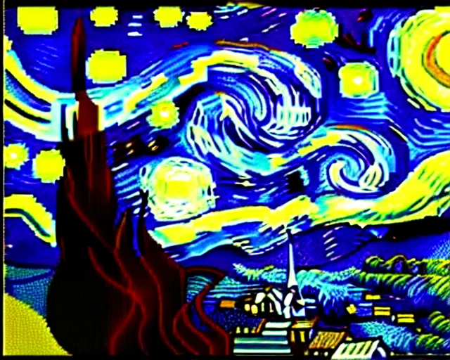 Prompt: Starry Night by van Gogh, re imagined as 8 bit pixel art. Red green and black color scheme