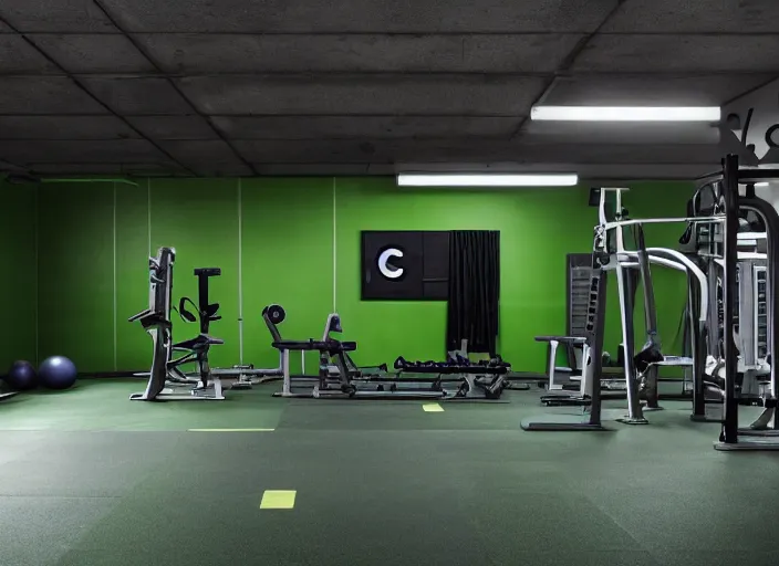 Prompt: photograph of a gym build on a bunker, cinematographic, sharp focus, elegant, green light