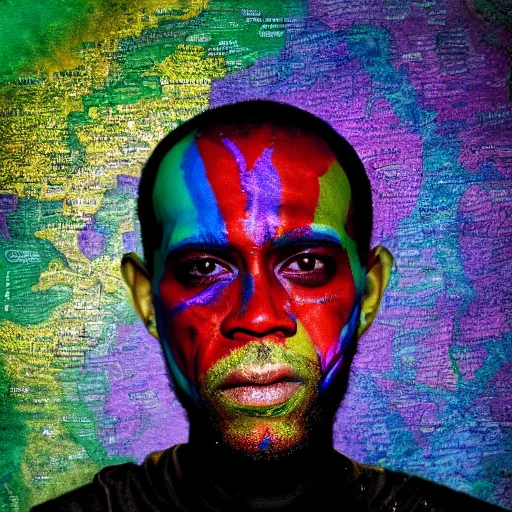 Image similar to alien map color professional studio portrait of a man from mali insane dmt color