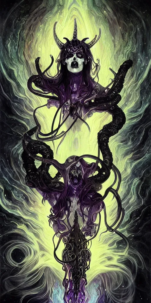 Image similar to intense glowing angry black metal pagan god with horns and tentacles and intense glowing eyes and a skull in very dark cosmic space by karol bak and artgerm and alphonse mucha, portrait, fantasy, clear, light beams, lens flare, intense, uhd, amazing depth, cinematic lighting, purple and violet and indigo and blue