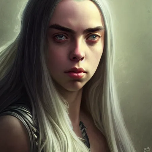 Prompt: portrait of billie eilish, muscular, upper body,big chest, D&D, fantasy, intricate, elegant, highly detailed, digital painting, artstation, concept art, matte, sharp focus, illustration, art by Artgerm and Greg Rutkowski and Alphonse Mucha