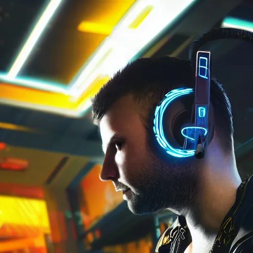 Image similar to electronic dj portrait, cyberpunk 2 0 7 7, cyberpunk, photorealistic, ultra detailed, neon, octane, bokeh, cinematic lighting, cyber, cyberpunk city, headphones, studio quality, feature, scars, cyberface, 8 k