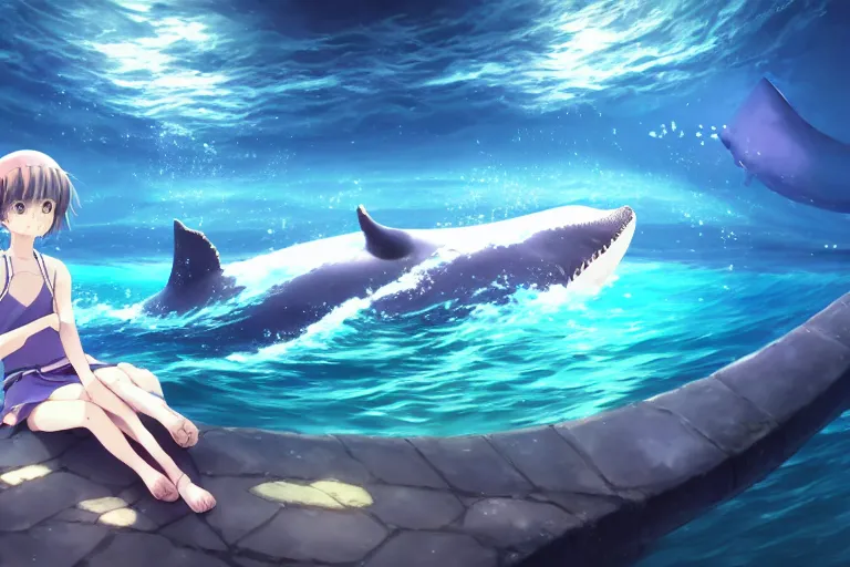 Prompt: a panorama view under the water, anime art full body portrait character concept art, hyper detailed cg rendering of a cute girl and whale, anime key visual of children of the sea, finely detailed perfect face, style of raphael lacoste, makoto shinkai, violet evergarden, studio ghibli, james jean, hayao miyazaki, extremely high quality artwork