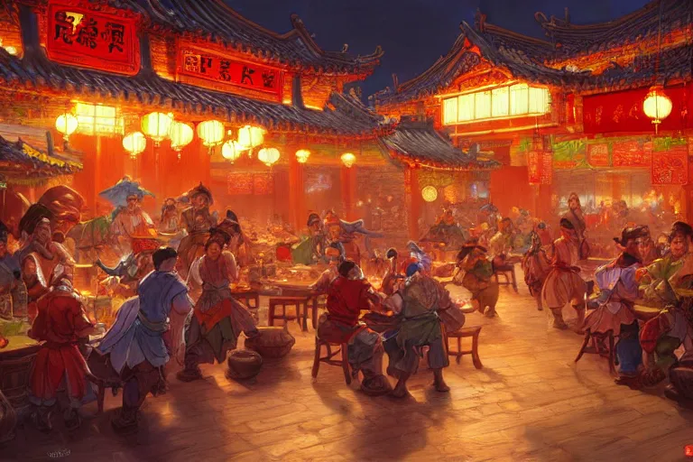 Image similar to fantasy art of a bustling tavern in china, at night, by jesper ejsing, highly detailed digital art, trending on artstation