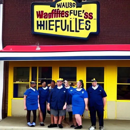 Image similar to wafflehouse employee's standing below wafflehouse sign, employees uniform is blue and black with yellow name tags