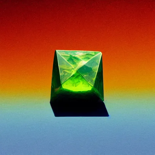 Image similar to four - sided pyramid peridot, turquoise, amber, volumetric light, abstract, bright colour, landscape, desert, earth, fire, water