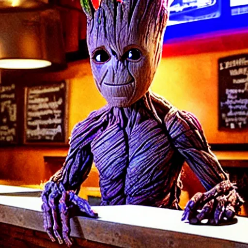 Prompt: groot at a bar, drinking beer