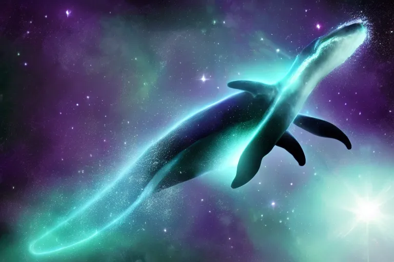 Image similar to a mystical cosmic bioluminescent whale jumping through a space nebula leaving stardust trails behind, digital art, photorealistic