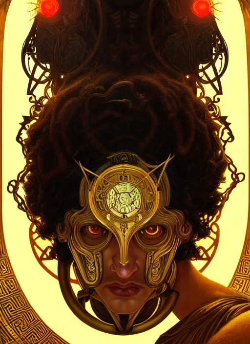 Prompt: portrait of greek god ares, black curly hair, glowing eyes, volumetric lights, yellow red scheme, art nouveau botanicals, gothic, intricate, highly detailed, digital painting, artstation, concept art, smooth, sharp focus, symmetric face, illustration, steampunk, art by artgerm and greg rutkowski and alphonse mucha