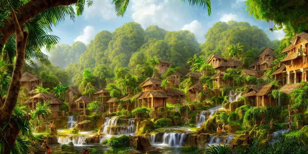 Prompt: village in a tropical eastern waterfall valley, with great birds, lush wildlife, rich geometry, ancient ruins, precise and incredibly highly detailed intricate 8 k wallpaper, john stephens, intricate stunning award winning masterpiece trending on artstation