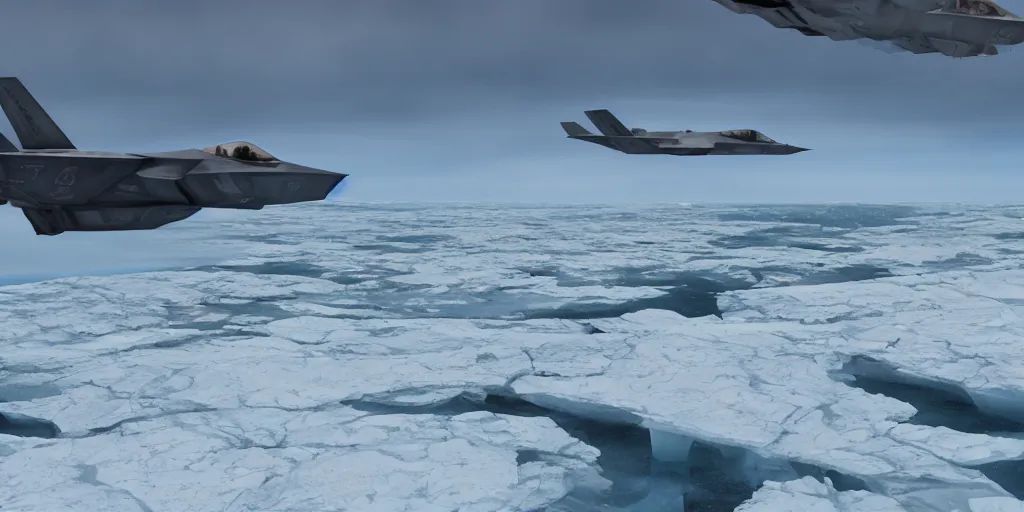 Prompt: Hyper realistic artic ice shelves being bombed by F-35 Raptors, 8k, unreal 5 engine render, 25mm film grain