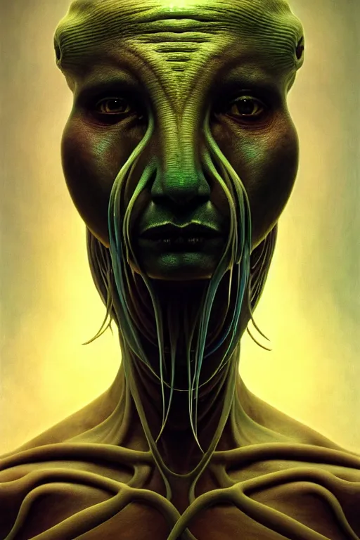 Image similar to portrait of a sad bioluminescent tribal creature, intense expression, highly detailed, asymmetrical artwork, cinematic, hyperrealism, art by zdzisław beksinski and stanley lau and artgerm and magali villeneuve and alphonse mucha, artstation, octane render, unreal engine, 8 k, aperture f 1. 2