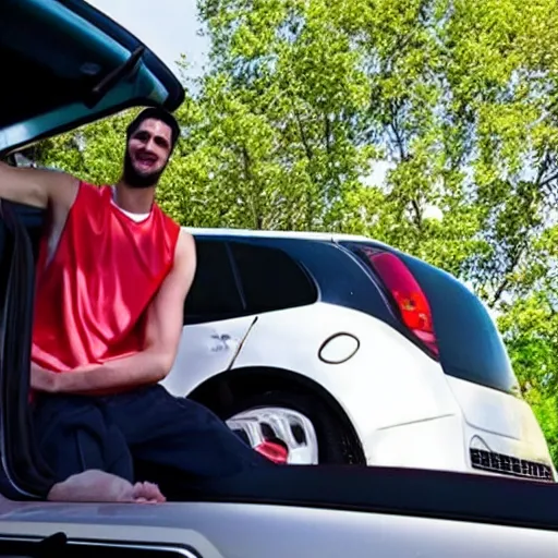 Image similar to a 7 ft tall basketball player in a tiny car