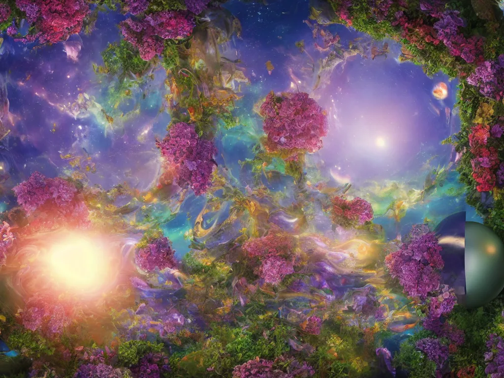 Image similar to 3 d render, the universe is a spheroid region 7 0 5 meters in diameter, hilo springtime, sunlight study, art nouveau, by rachel ruysch and ( ( ( ( ( lisa frank ) ) ) ) ) and ( ( ( ( ( hans zatzka ) ) ) ) ), 8 k, extreme detail, sharp focus, octane render