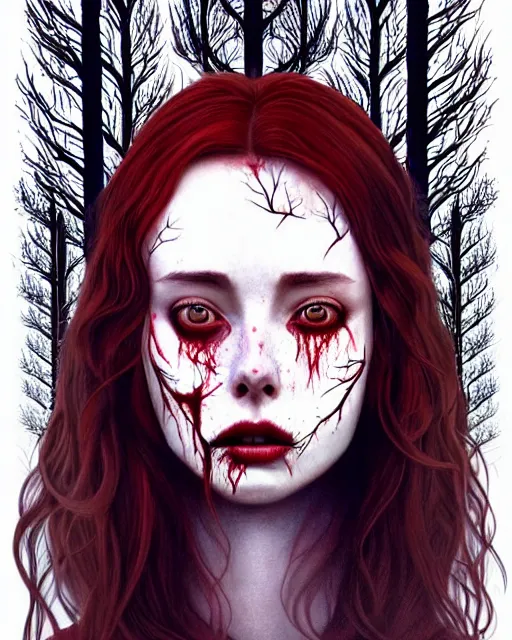 Image similar to surrounded by trees, full body realistic character concept, gorgeous Kacey Rohl, red hair, small freckles, Wendigo creature antlers deer skull face, symmetrical face, symmetrical eyes, covered in blood, dark forest, trees, shorter neck, cinematic lighting, Joshua Middleton and artgerm, fear anxiety terror