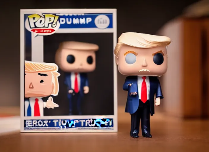 Image similar to !dream product still of Donald Trump funko pop with box, 85mm f1.8