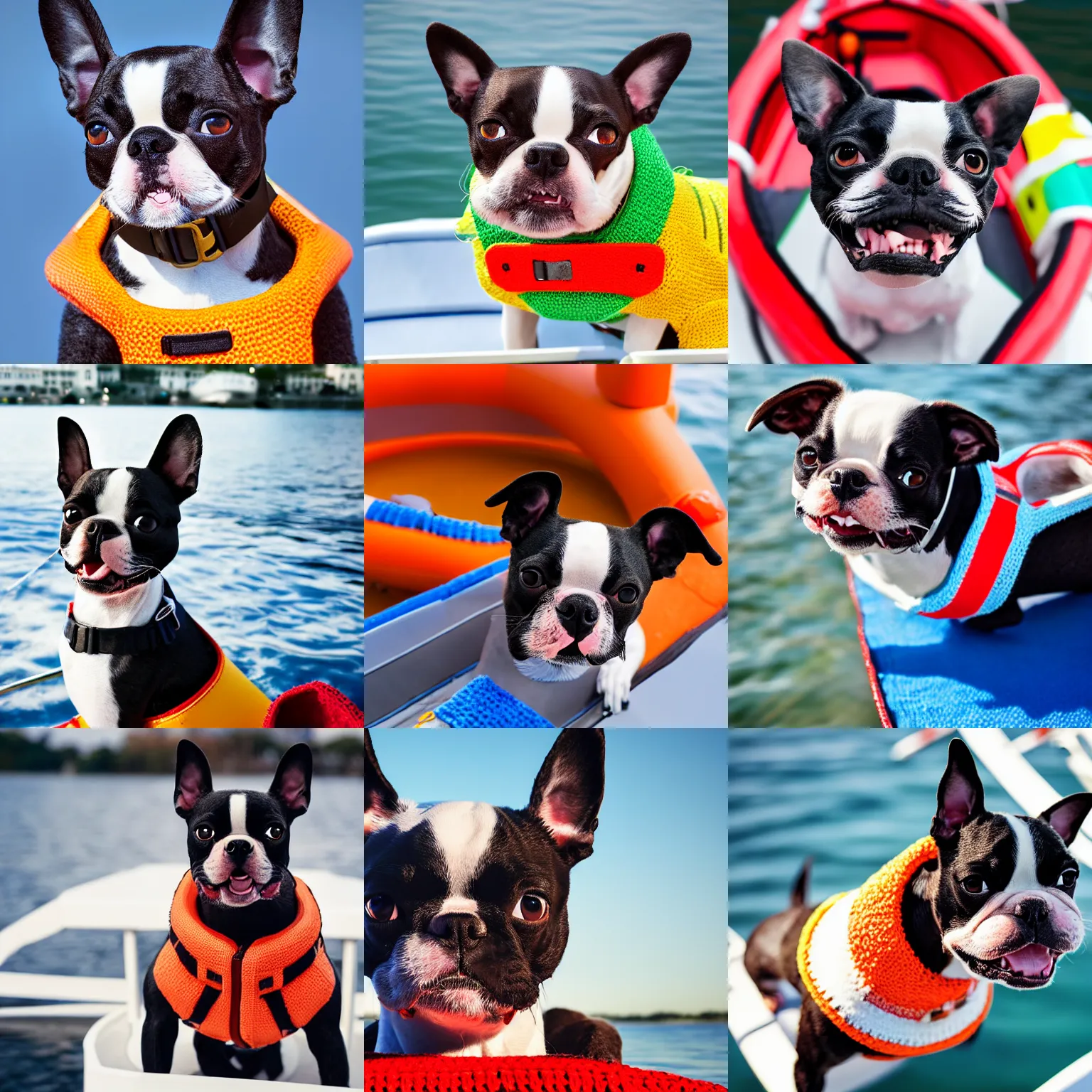 Prompt: a closeup photorealistic photograph of a cute smiling knitted boston terrier dog dressed in a life vest on a pontoon boat. professional capture, well lit shot. this 4 k hd image is trending on artstation, featured on behance, well - rendered, extra crisp, features intricate detail, epic composition and the style of unreal engine.