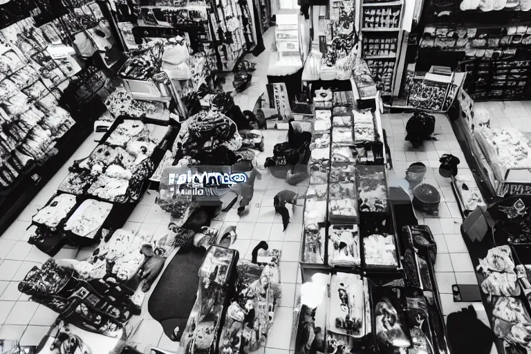 Image similar to overhead view, surveillance, black and white, a pet store with kittens sitting on the floor