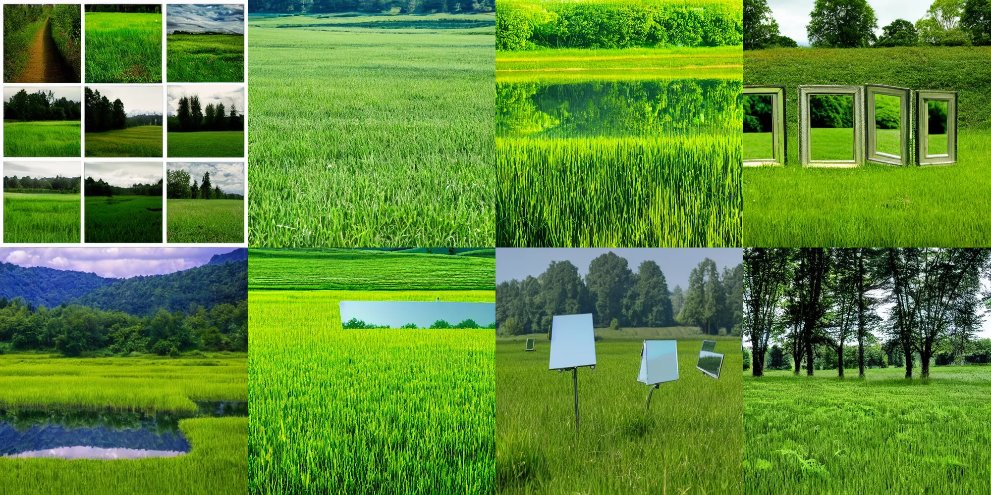 Prompt: mirrors in an open lush green field