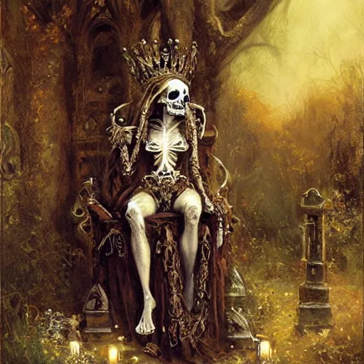 Prompt: beautiful painting of the queen of bones by a cemetary, sitting on a throne, detailed face, with a crown of skulls, skull earings, painting by gaston bussiere, craig mullins