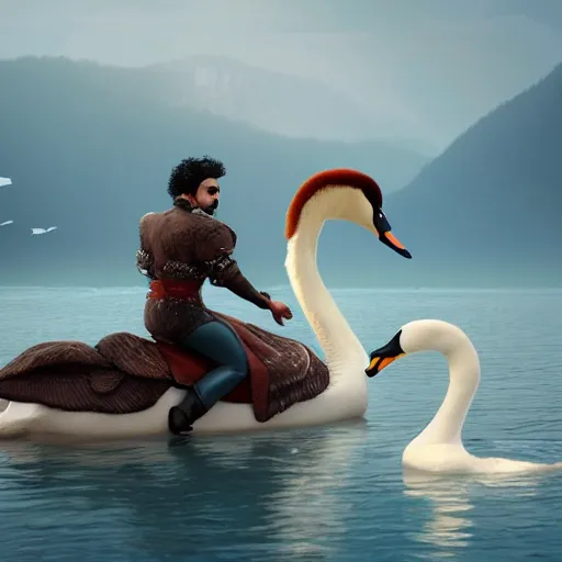 Image similar to prince riding a giant swan in the lake, trending on artstation