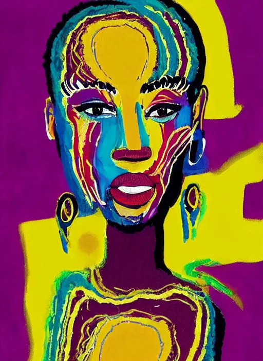 Prompt: “Painted etherial African American that looks like Emmy Raver-Lampman and Jada Koren Pinkett Smith ladies of purple and gold a face of beauty that sight to behold a pleasing completion of images to share a live of the universe under her care the light shines so brightly in her sight reflecting to all her will and her might. Basquiat + pop art + speed painting + HDR + vaporwave + painterly illustration + by Gerald Brom, James Jean, Craig Mullins, Alphonse Mucha, Mike Mignola, Akihiko Yoshida + intense atmosphere, intricate, ornate details, detailed Illustration, symmetry”