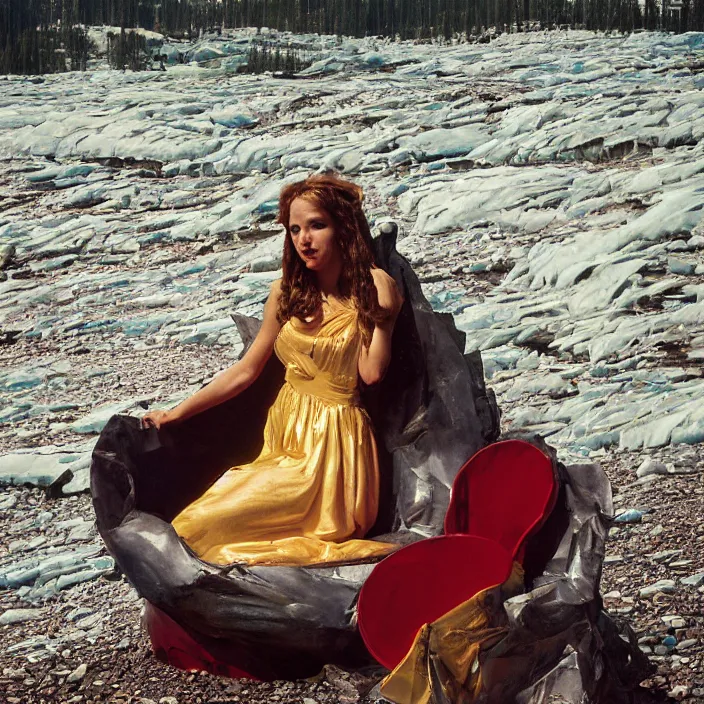 Prompt: a color photograph, closeup portrait of a woman sitting on a plastic throne, in glacier national park in montana, color photograph, by vincent desiderio, canon eos c 3 0 0, ƒ 1. 8, 3 5 mm, 8 k, medium - format print