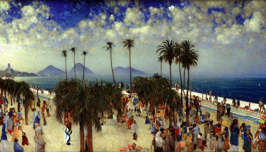 Prompt: a ultradetailed beautiful painting of the thunder sky of the rio de janeiro palace balustrade designed by jules bastien - lepage, tarsila do amaral, frank weston and gustave baumann, beach, trending on artstation, mediterranean, palm trees, sharp focus, lightning sparkles refraced lines, soft light, 8 k 4 k