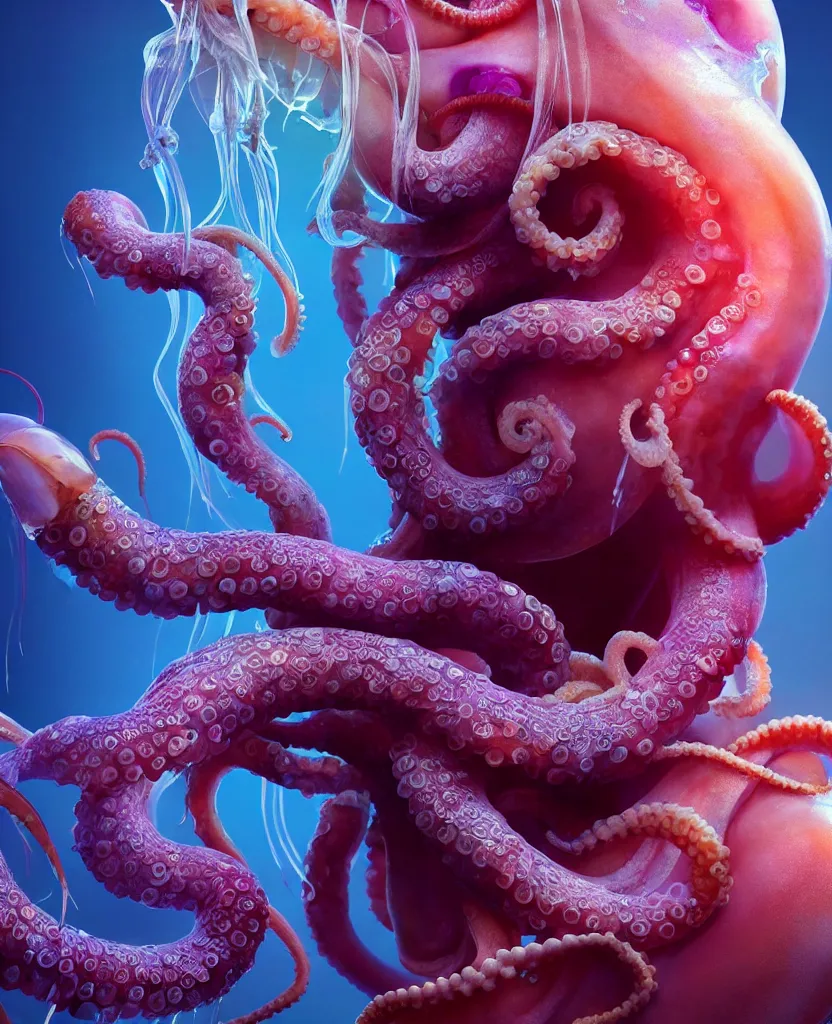 Image similar to goddess close-up portrait human high on ecstacy, ram skull, octopus, jellyfish, orchid, betta fish, bioluminiscent, intricate artwork by Tooth Wu and wlop and beeple. octane render, trending on artstation, greg rutkowski very coherent symmetrical artwork. cinematic, hyper realism, high detail, octane render, 8k