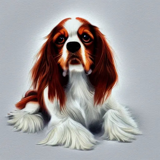 Image similar to a cavalier king charles spaniel who is really bored, tired, lying on the floor, art by artgerm