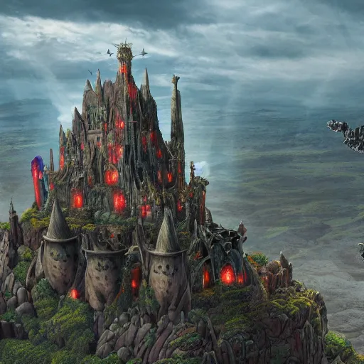 Prompt: large fantasy castle rising from the top of a giant tortoise that is centered in frame, towering over a harsh barren wasteland, howls moving castle, mortal engines, kaiju, distant shot from the air, fantasy, hyper detailed, 4 k