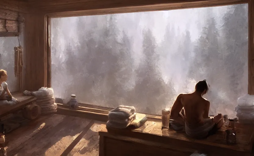 Image similar to russian banya rusian sauna, painting by craig mullins, octane rendering, soft morning lighting, wide angle lens, in the style of hayao miyazaki, trending on artstation,