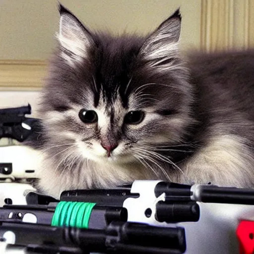 Image similar to cute fluffy cat with lots of guns