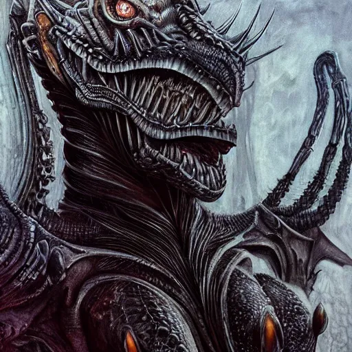 Prompt: Giger portrait of queen dragon, Dragon in dragon lair, HD, full body dragon concept, soft shading, hyperdetailed, wide angle lens, fantasy, futuristic horror, style of giger