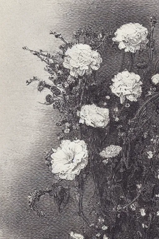 Prompt: black and white, close-up flower bouquet, Gustave Dore lithography