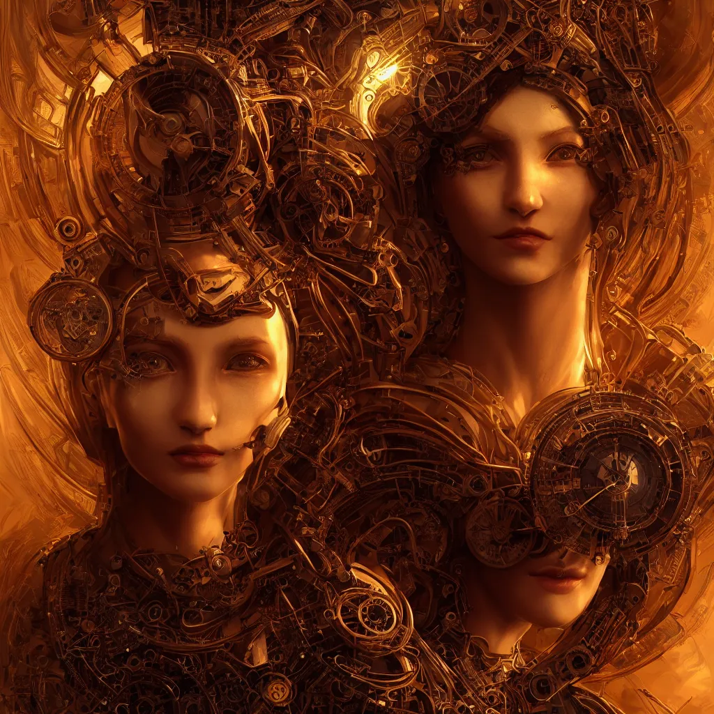 Image similar to portrait android woman time machine beautiful symmetrical face axonometric mechanical fantasy intricate elegant highly detailed, in volumetric void of latent space, golden steampunk, high contrast cinematic light, mystical shadows, digital painting, smooth, sharp focus, divine realm of gods, octane render, photographic, concept art, artist leonardo davinci, unreal engine 8 k