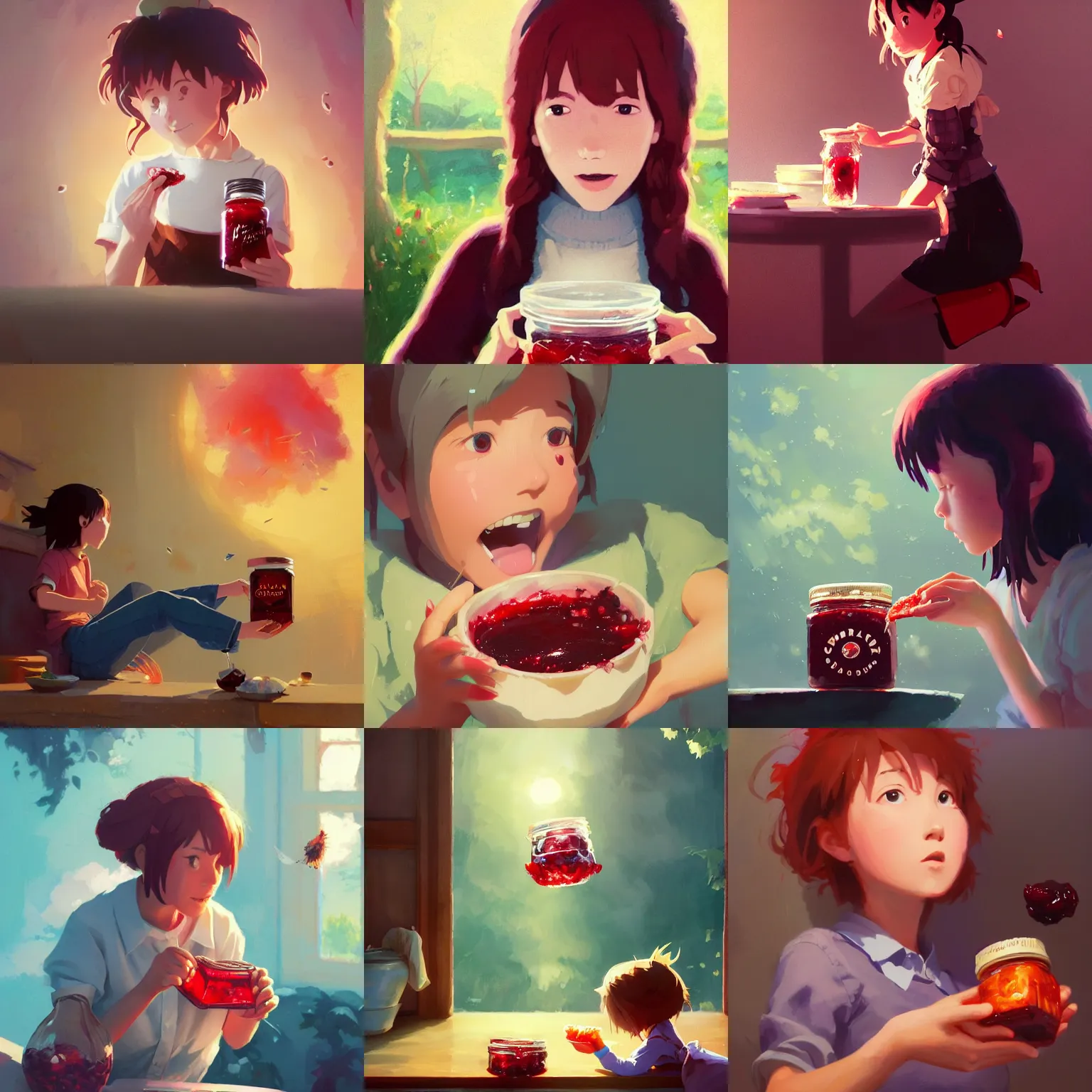 Prompt: girl eating jam from huge jar of red jam, drops around, particles, shiny, Studio Ghibli, animated, illustrated, vibrant, by Greg Rutkowski, artstation, oil painting, detailed, 4k, colorfull