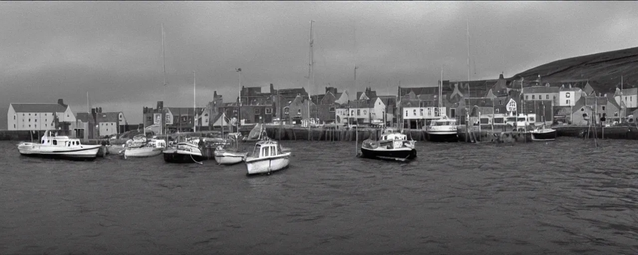 Prompt: the harbour at Stromness orkney, from Jaws (1975), cinematic,