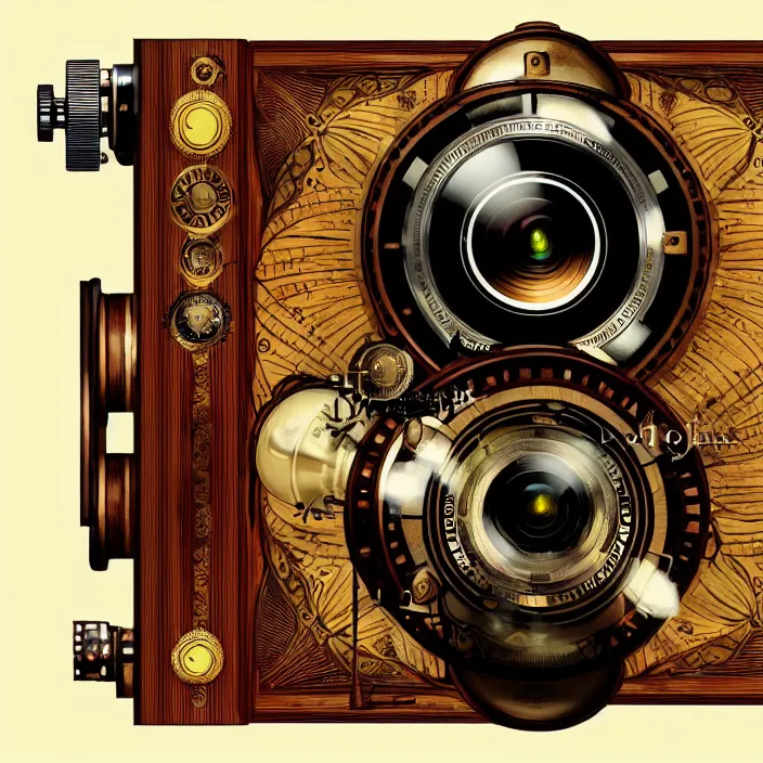 Prompt: a very beautiful steampunk edixa camera. helios lens. scandinavian art deco design!!!. birch wood!!!. plain background. centered. tubes. highly detailed, oil painting. artstation, concept art, symmetry, smooth, sharp focus, illustration, art by john singer sargent and and mucha by theodore ralli and nasreddine dinet and anders z