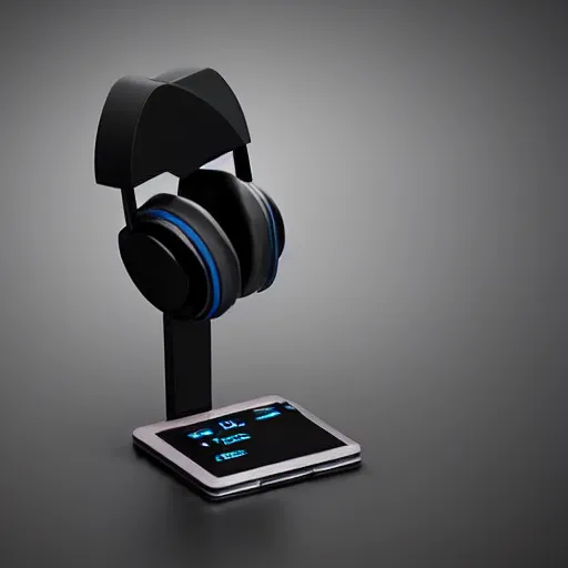 Image similar to headphone stand machine, futuristic, techno, cyberpunk, product design, render, concept, fun, swag
